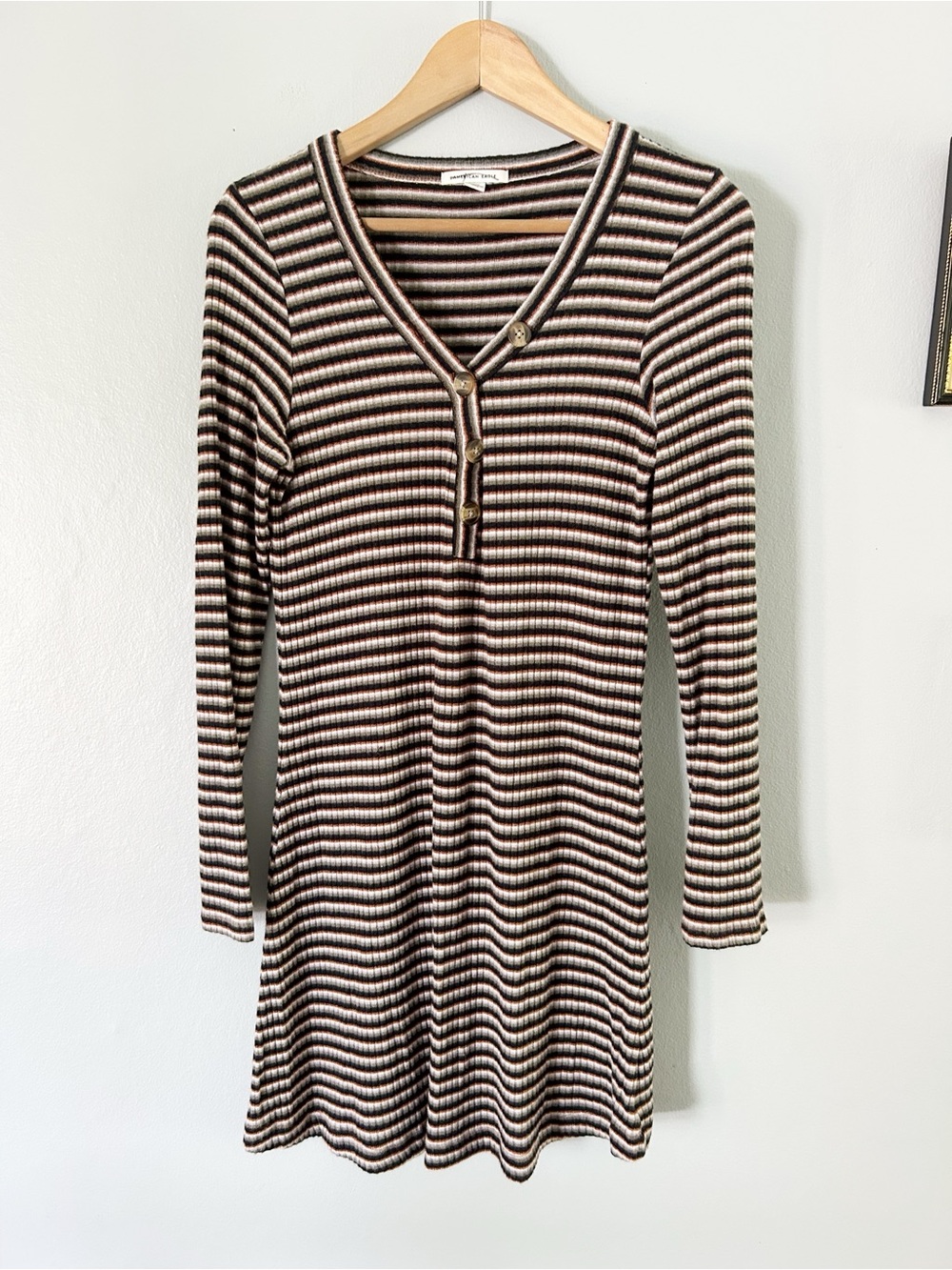 American Eagle • Ribbed Striped V-Neck Henley Knit Dress medium